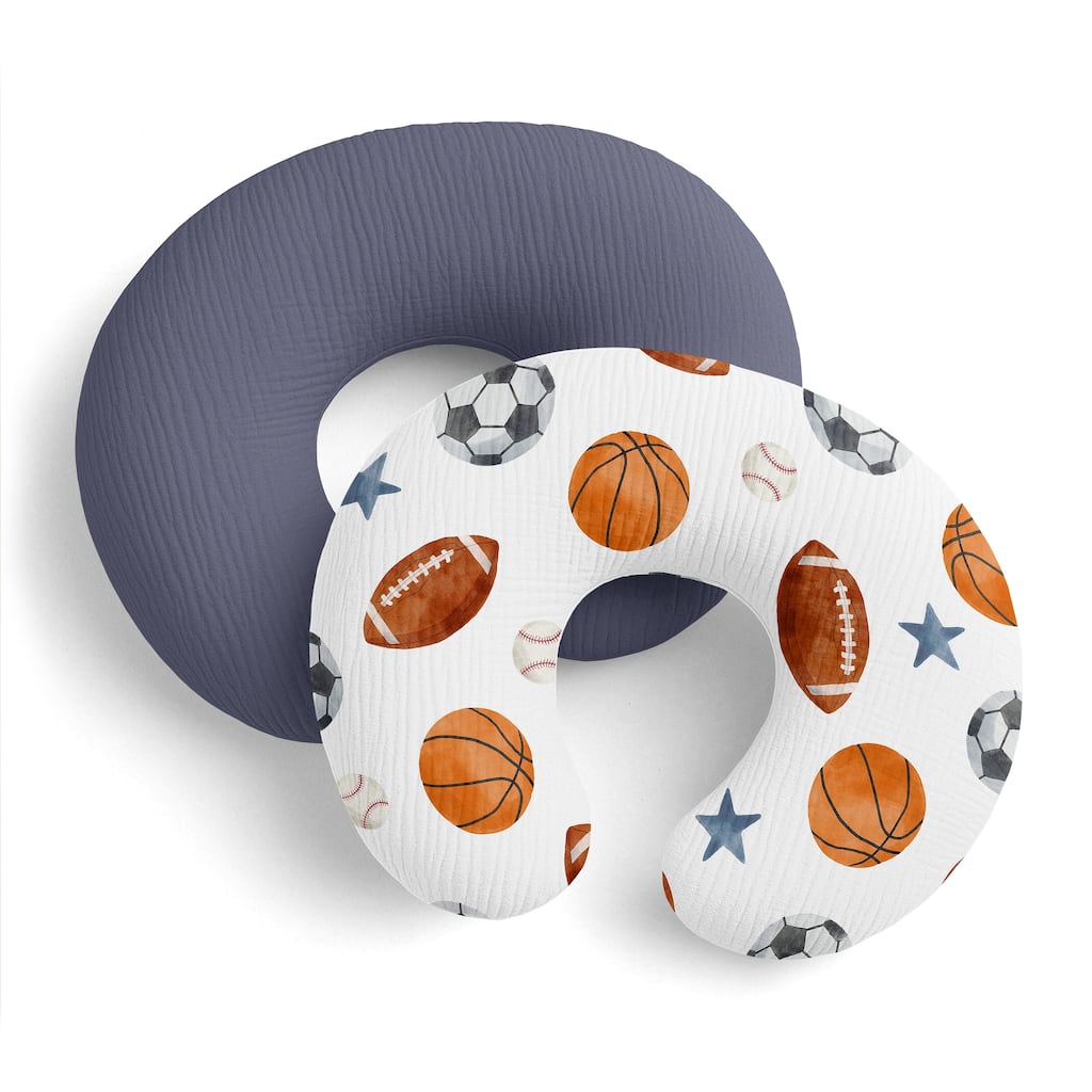 Sweet Jojo Designs Sports Theme Boy 2 Pack 100% Cotton Muslin Nursing Pillow Covers - Solid Blue Watercolor Vintage Sport Themed