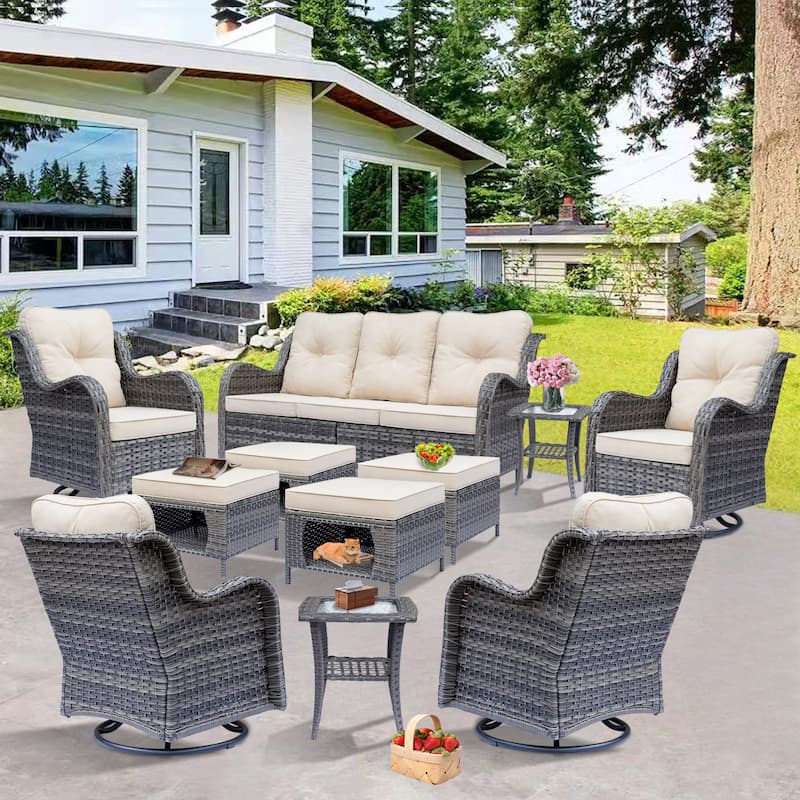 Gray Wicker Rattan Outdoor Patio Furniture Set Swivel Chair with Cushion - 11 Pieces - Beige