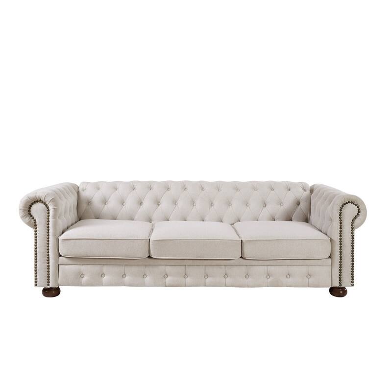 Classic Chesterfield 3 Seater Sofa Upholstered Tufted Back Couch,Linen Fabric,Beige