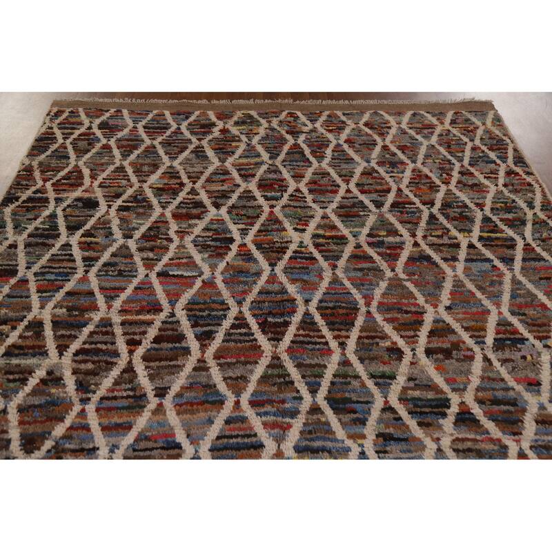 Hand Knotted Oriental 100% Wool Carpet Modern All-Over Black Moroccan Area Rug - 9' 7'' X 6' 3''