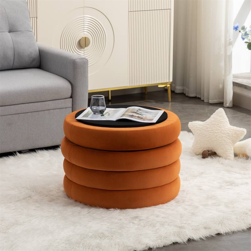 Fabric Storage Round Ottoman Footstool with Wooden Shelving