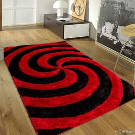 AllStar Rugs Red Shaggy Area Rug with 3D Black Spiral Design ...