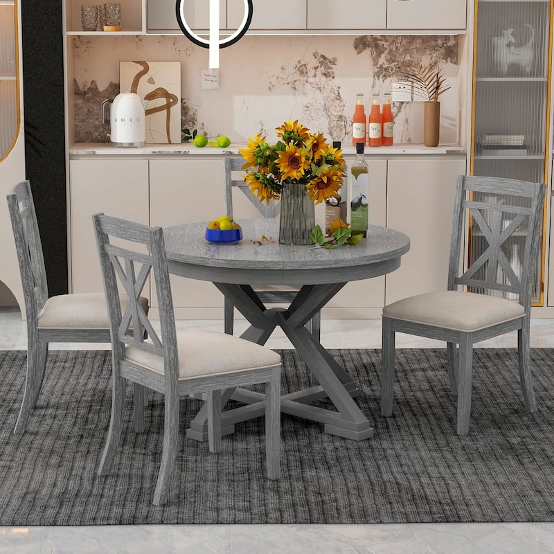 Retro 5-Piece Dining Table Set with Extendable Round Table and Upholstered Chairs for Dining Room