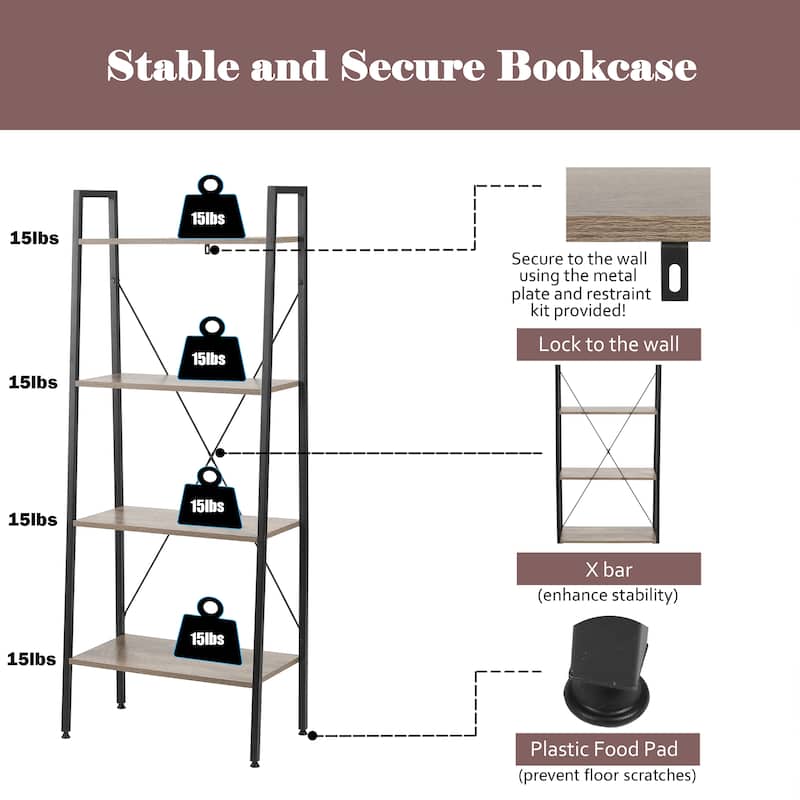 Carbon Loft Ogzewalla 4-shelf Wood and Metal Ladder Bookcase