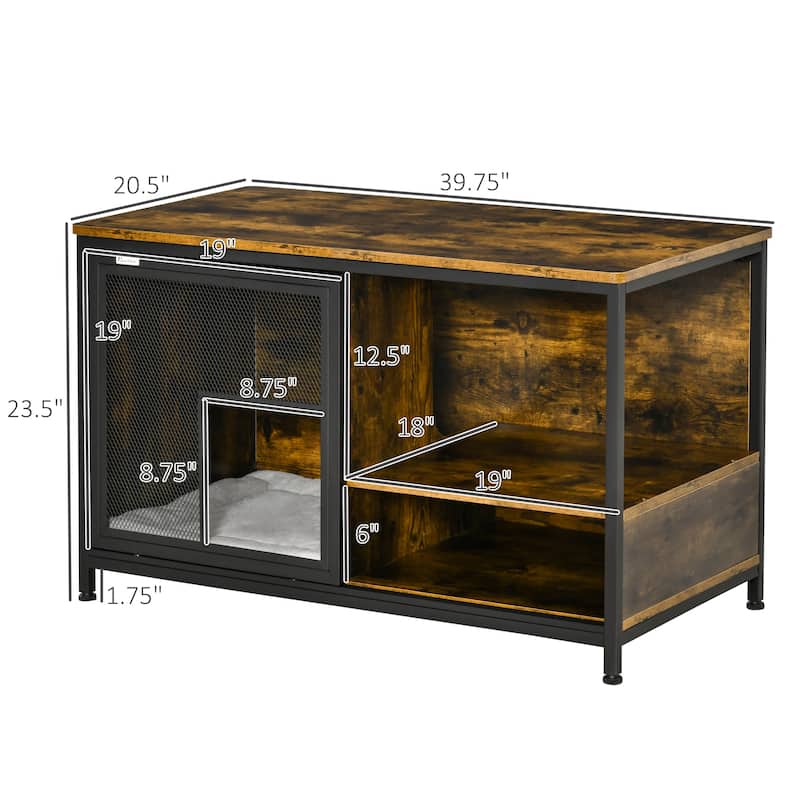 Furniture Style Dog Cage, Wood & Steel End Table Pet House with Cushion and Sliding Doors