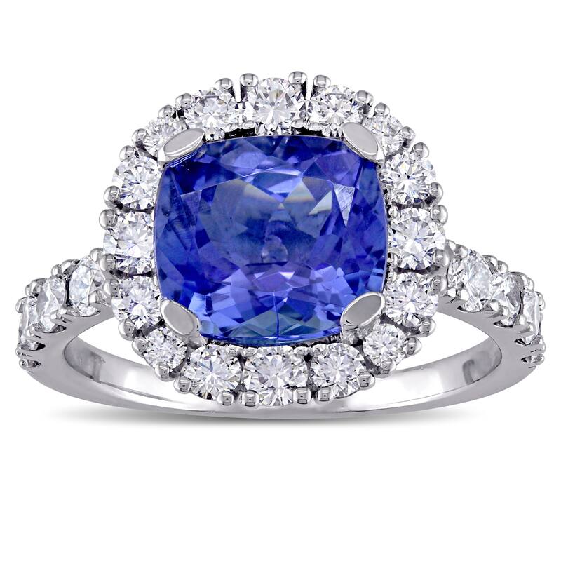 Miadora 1ct TDW Diamond and Cushion Shape 1 7/8Tanzanite Engagement Ring in 18k White Gold
