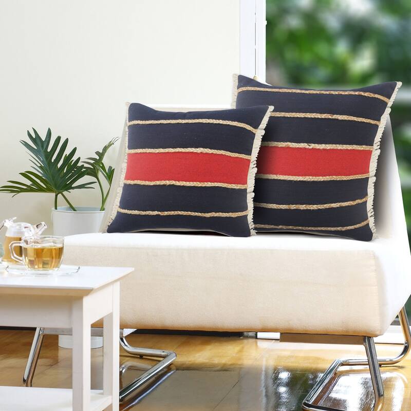 24" Navy and Red Striped Square Lumbar Pillow