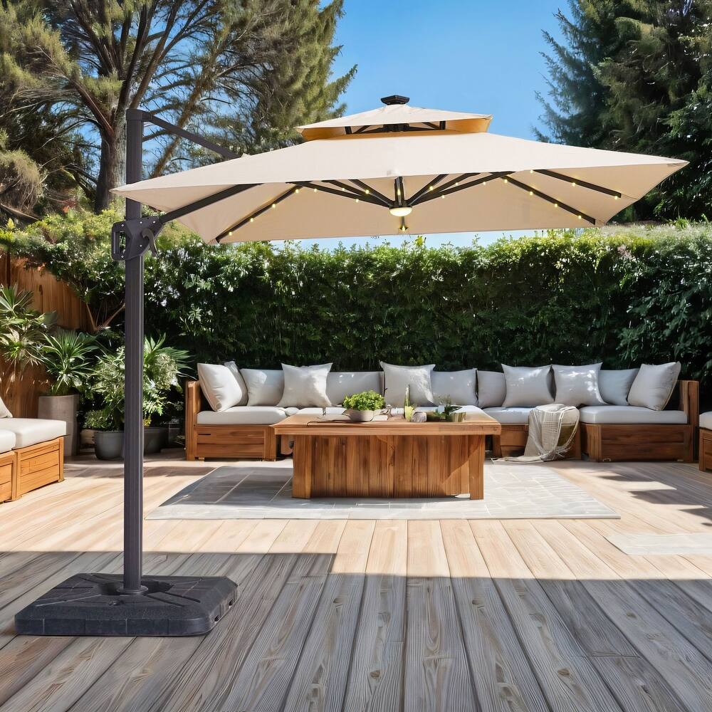 Furniture of America Yetta 8-foot LED Lights Steel Cantilever Offset Tilt Square Roma Umbrella with Base