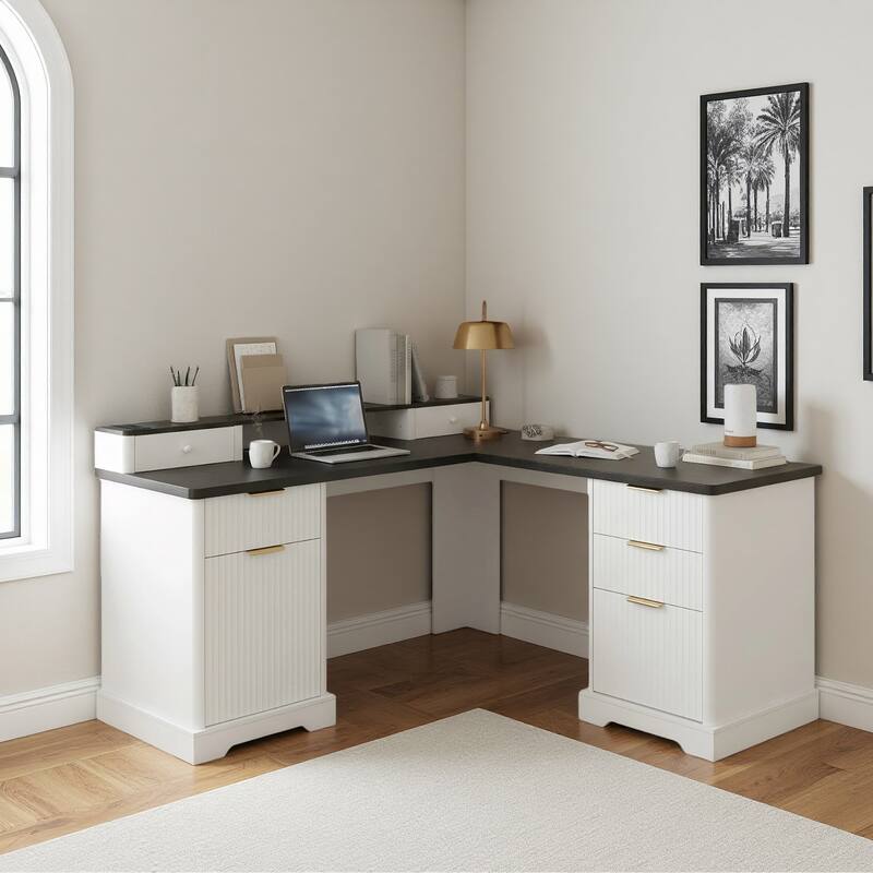 59” L Shaped Desk with Charging Station,Executive L Shaped Desk with Drawers and Storage Cabinet & Monitor Stand,Corner Desk