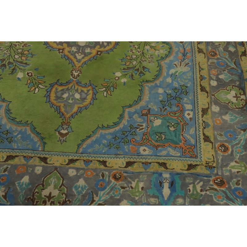 Hand Knotted Oriental 100% Wool Carpet Traditional Floral Green Tabriz Area Rug - 9' 5'' X 6' 5''