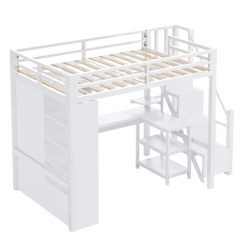 Roomfitters Metal Twin/Full Loft Bed with Desk, USB Port, Bookshelf and Storage Wardrobe, White