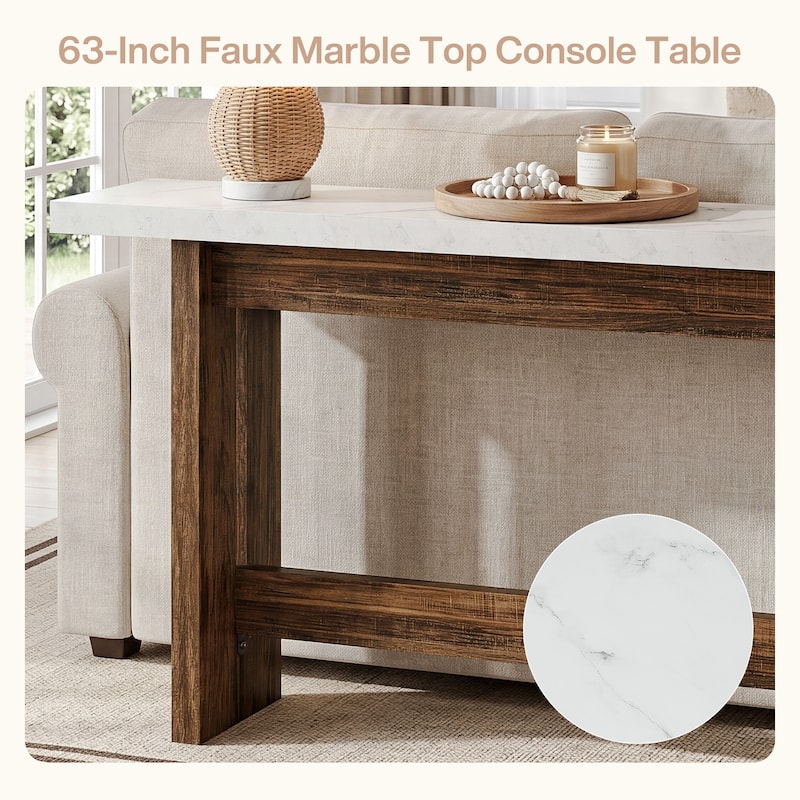 63" Wood Console Table, Farmhouse Entryway Table with Faux Marble Top