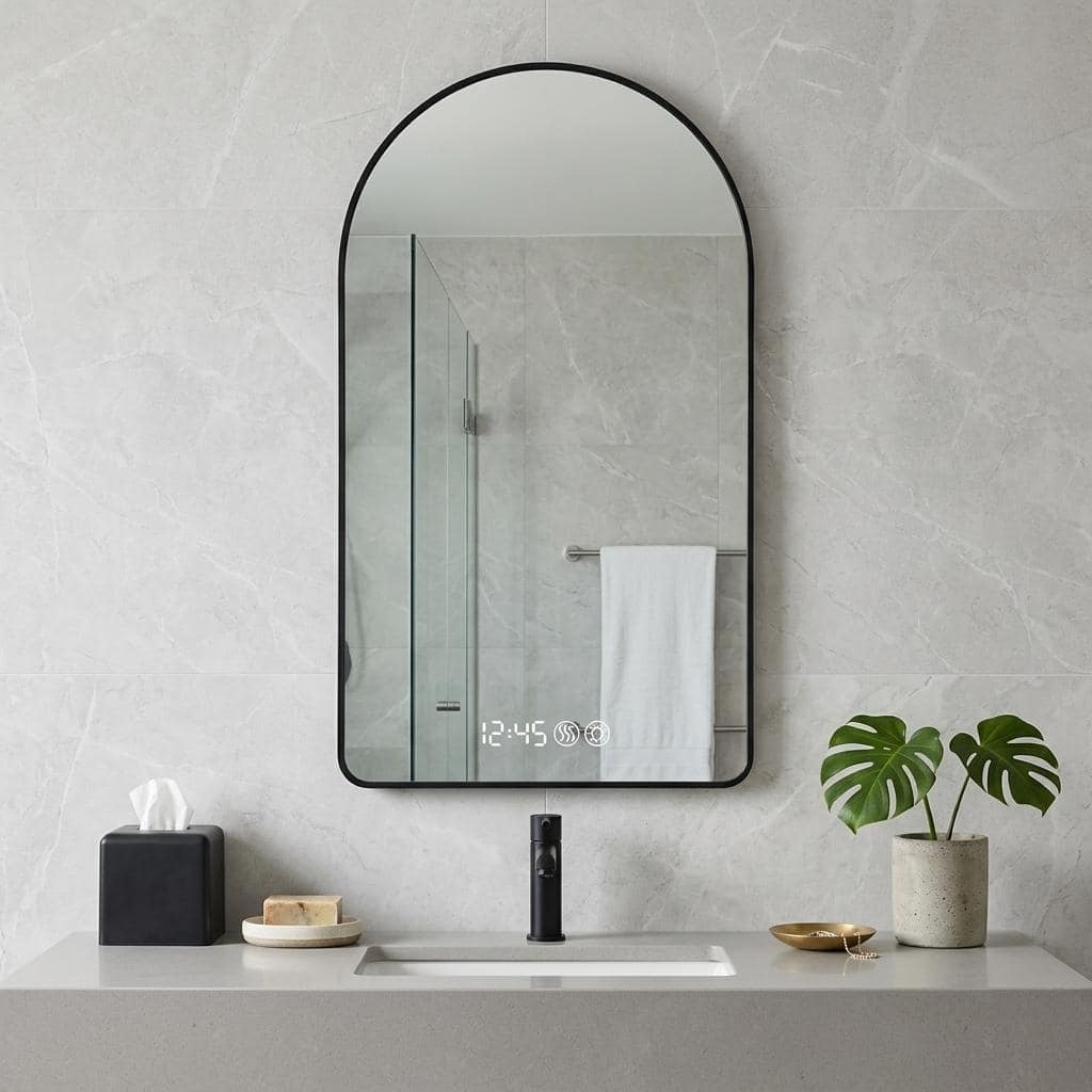 HomeRoots 59" Black Aluminum Arch Lighted Framed Anti Fog Bathroom Vanity Mirror - 31.50 in. x 59.06 in. x 1.18 in.