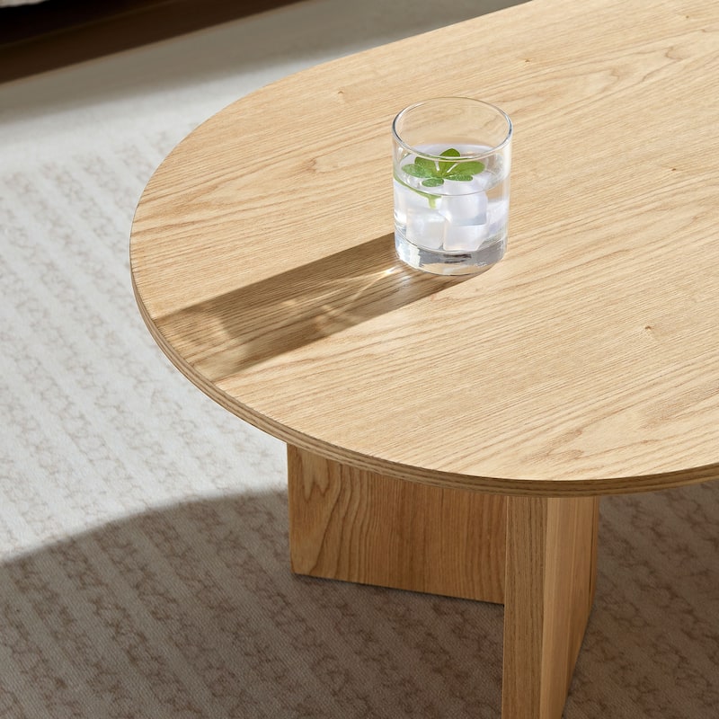 Minimalist Wooden Grain Coffee Table with Double Triangle Pedestal