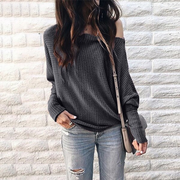 Female Slanted Collar Lantern Sleeve Bat Sweater. Opens flyout.