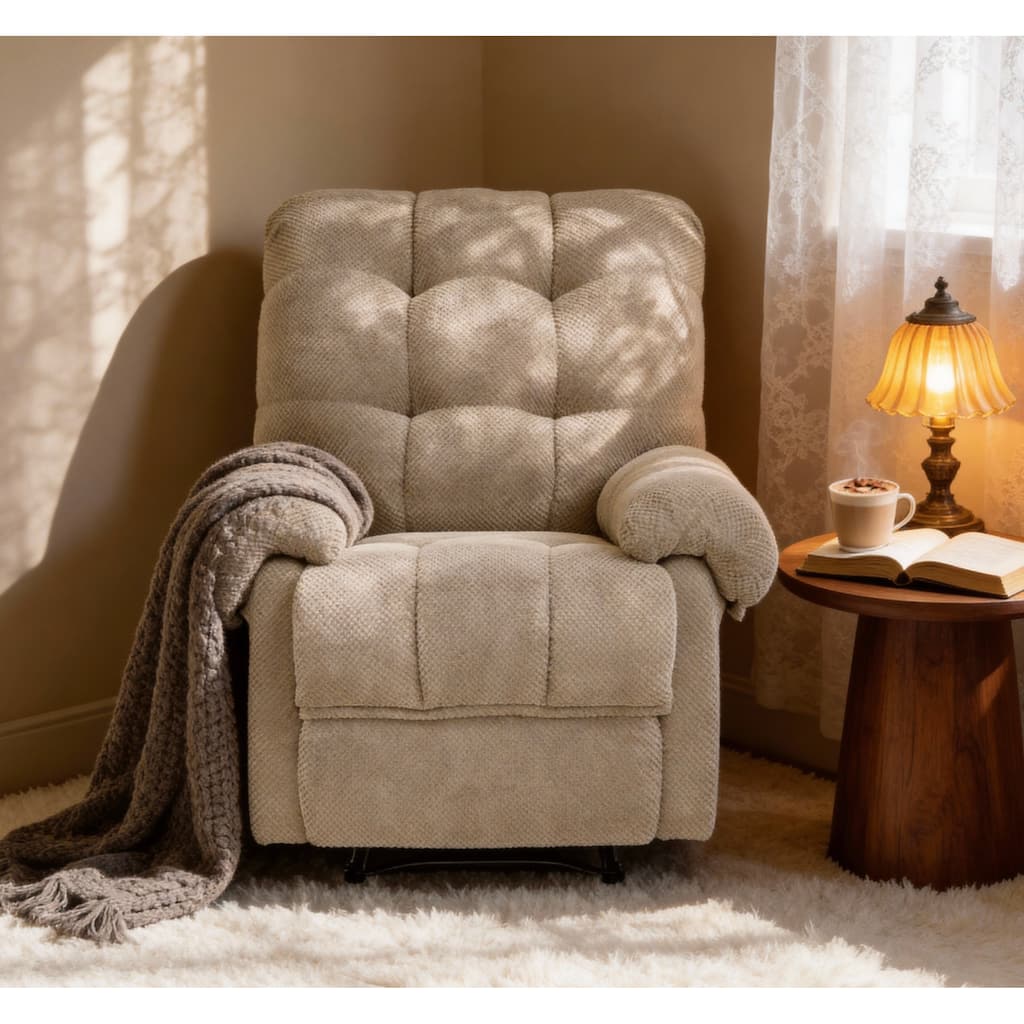 Recliner Chair, Overstuffed Armchair, Manual Recliner, Padded Footrest, Ergonomic Lounge Chair, Soft Fabric Recliner