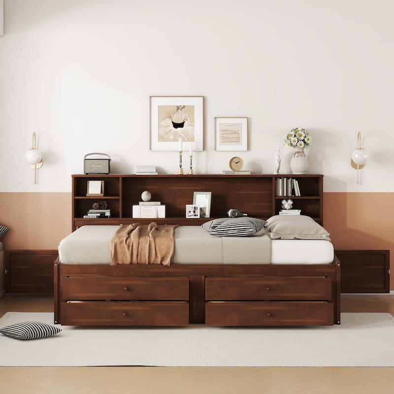 Full Size Wooden Captain Bed with Storage Shelves, 4 Drawers, 2 Cabinets