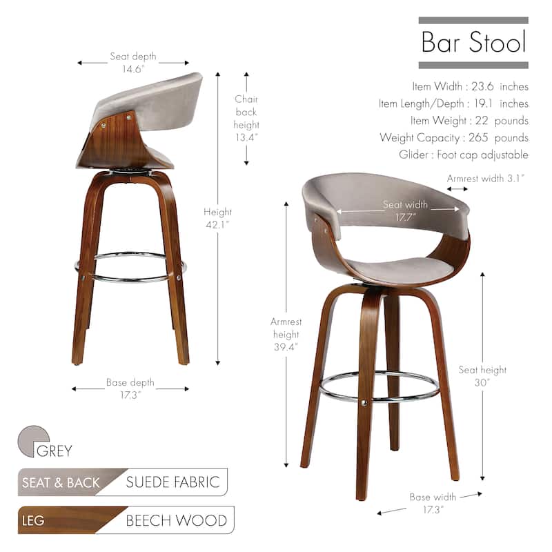 Porthos Home Axel Swivel Bar Stool, Suede Upholstery, Beechwood Legs