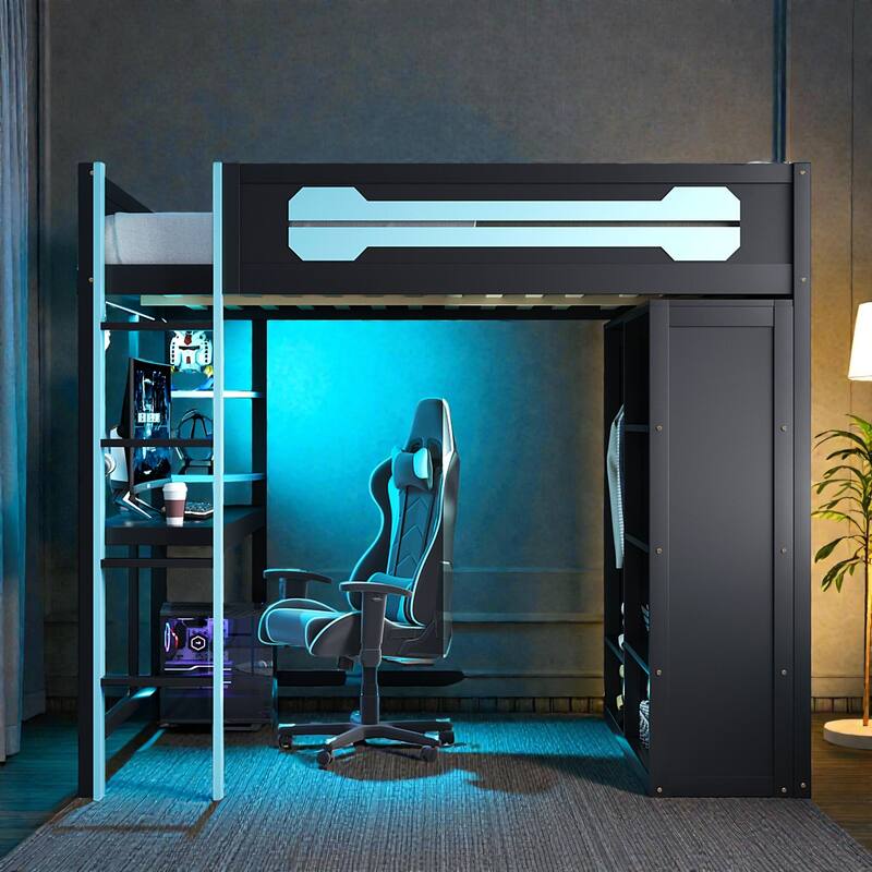 Full Size Wood Loft Bed with Desk, Open Wardrobe and Shelves, RGB LED Light, USB Ports and Power Outlets