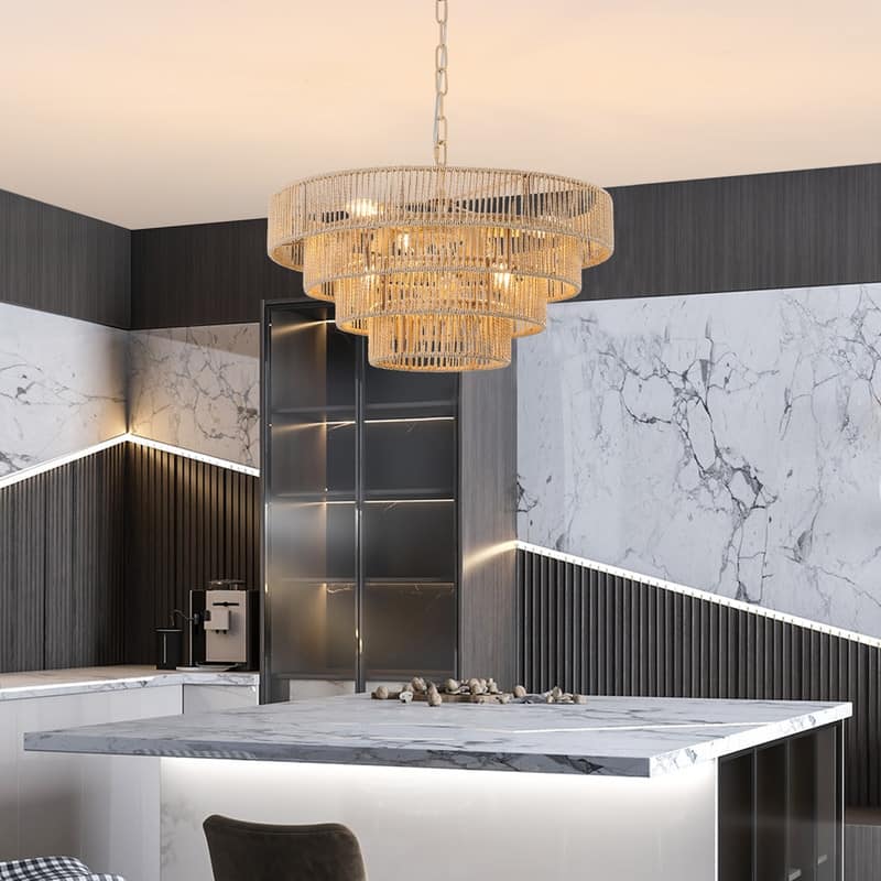 Modern Layered Hemp Rope Chandelier in Boho Style, Elegant Hanging Light for Living, Dining & Bedroom Areas (Bulbs Not Included)