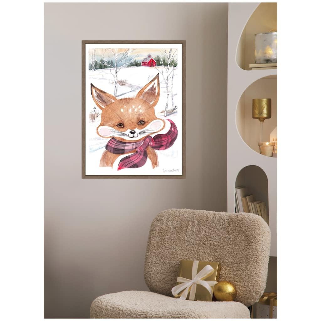 Kate and Laurel Framed Canvas Fox With Scarf In Winter by Patricia Shaw