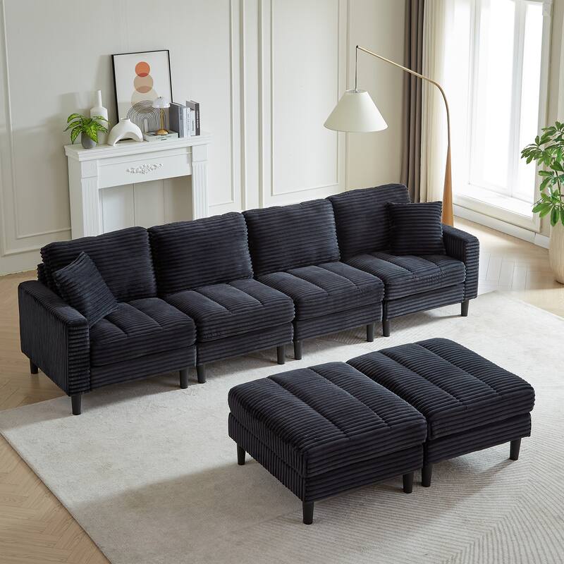 122.5" Corduroy U-Shaped Sectional Sofa with Ottomans & Pillows