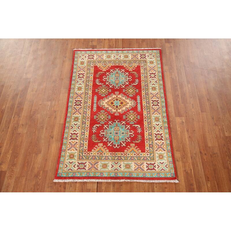 Kazak Rug Hand-Knotted Geometric Red Wool Carpet - 3'3"x 4'10"