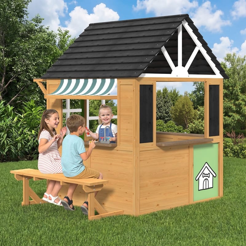 Kids Outdoor Wooden Playhouse, Cottage Play House with Door, Windows, Bench & Blackboard, Multi-Functional Play Toy for Ages 3-8