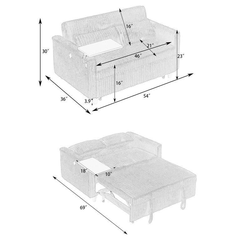 Sleeper Sofa Gray Folding Loveseat with 2 Pillows & USB Charging, Convertible Sofa Bed Multi-Functional Loveseat