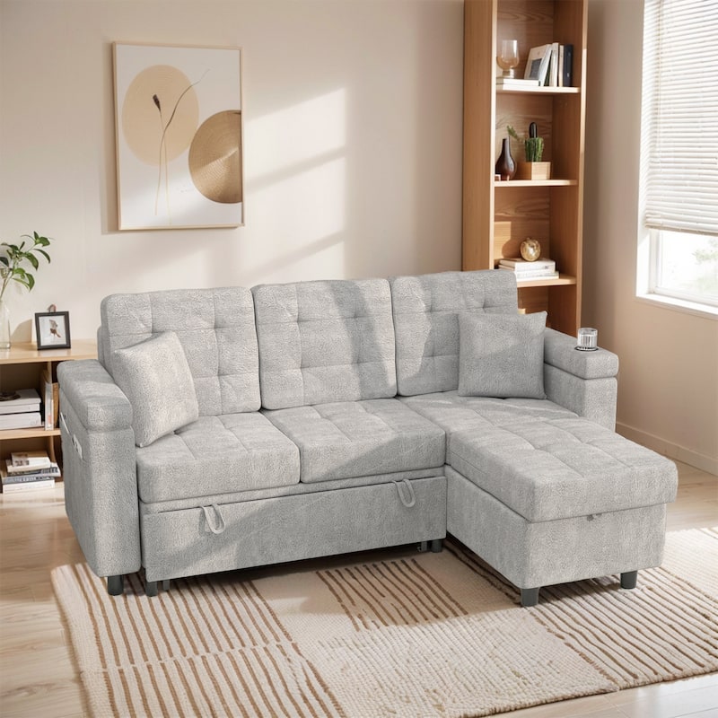 Pocassy 85" Velvet Sofa Bed with Chaise Pull Out Couch for Apartment Living Room