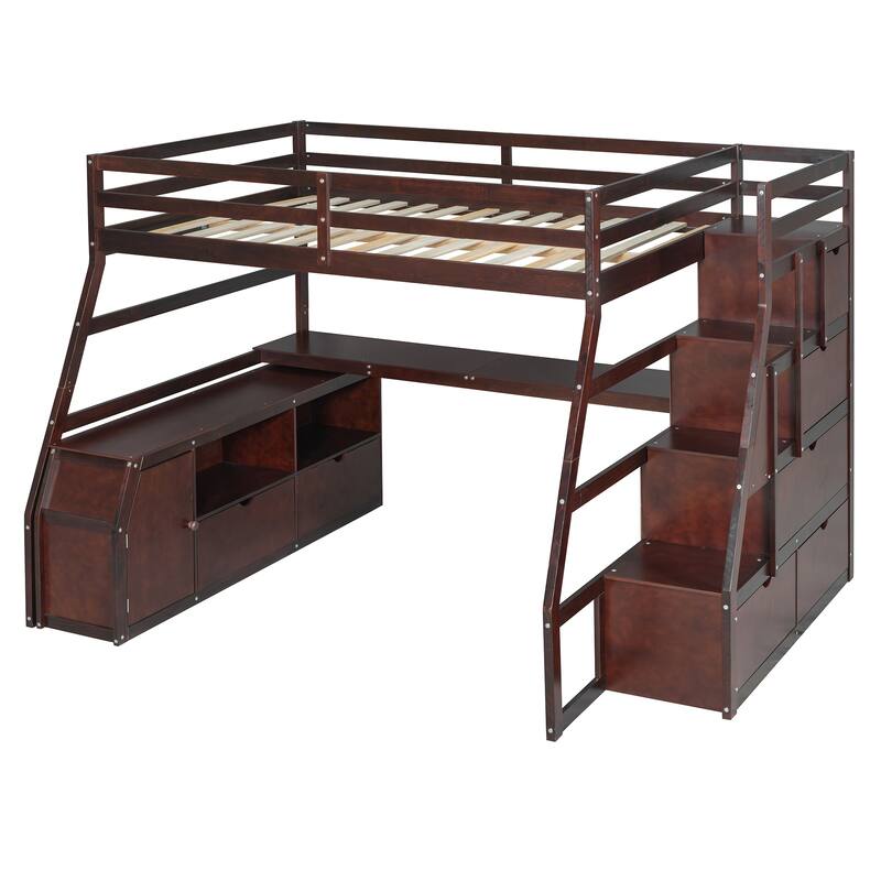 Space-Saving Full Loft Bed with Built-in Desk, 7 Drawers, 2 Shelves & Playhouse-Inspired Fence Design