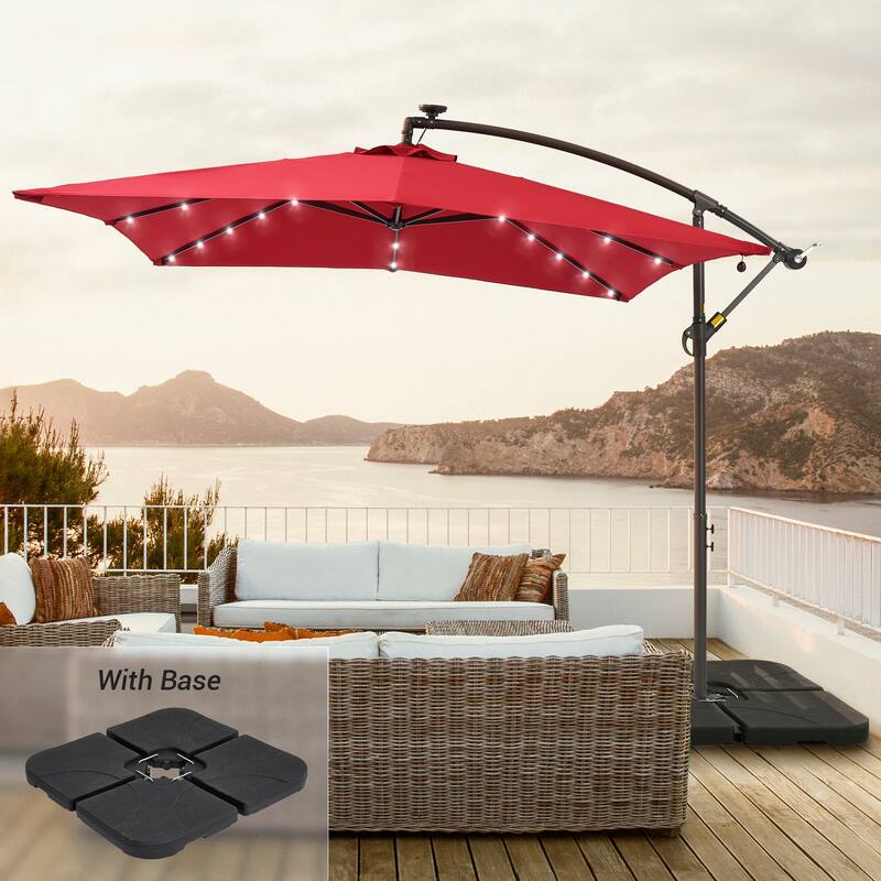 LIVOOSUN 8.2Ft LED Square Offset Hanging Patio Umbrellas w/Base - Red