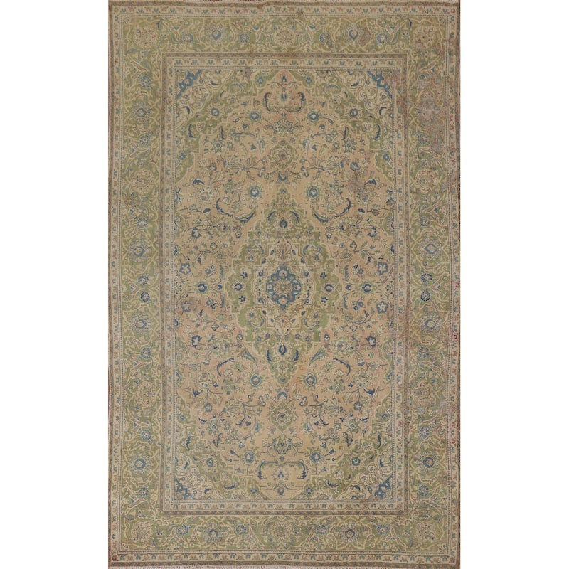 Hand Knotted Oriental 100% Wool Carpet Traditional Floral Peach Kashan Area Rug - 9' 8'' X 6' 6''