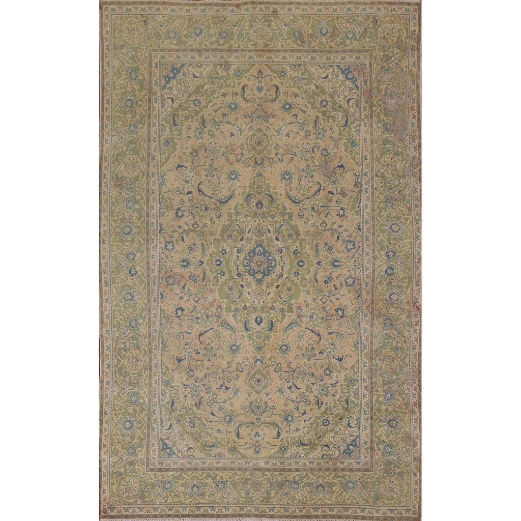 Hand Knotted Oriental 100% Wool Carpet Traditional Floral Peach Kashan Area Rug - 9' 8'' X 6' 6''