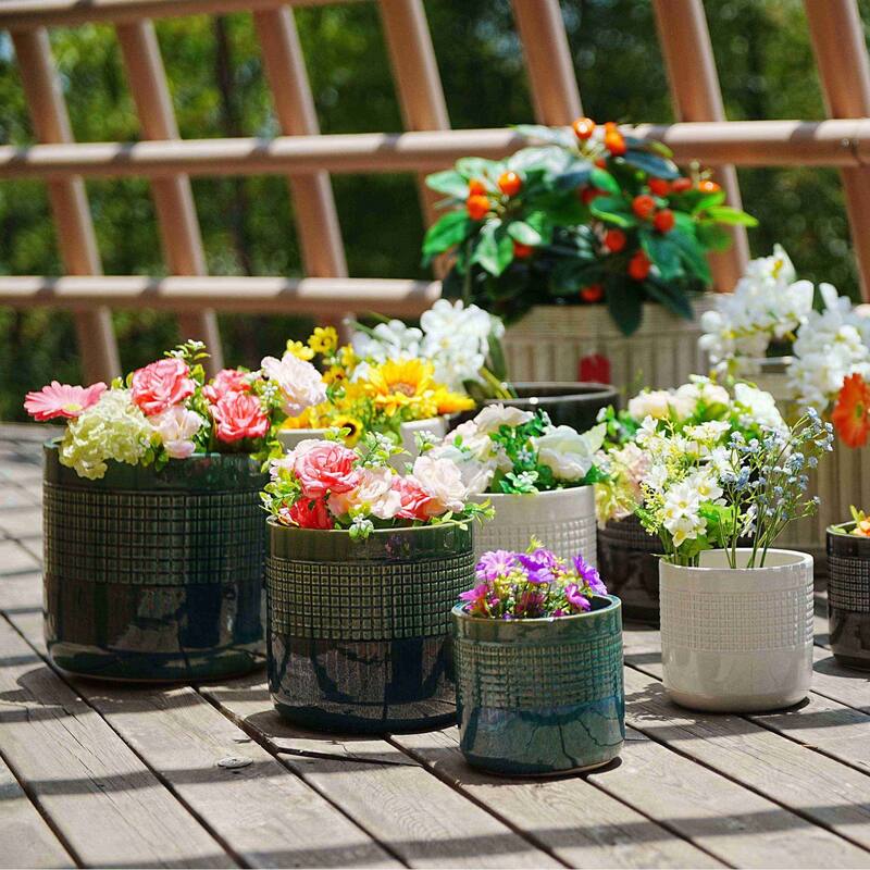 9" Ceramic Flowerpot Garden Modern Patio Grid Planter(Set of 3) - 9.65 in.W x 9.65 in.D x 9.25 in.H