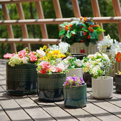 9" Ceramic Flowerpot Garden Modern Patio Grid Planter(Set of 3) - 9.65 in.W x 9.65 in.D x 9.25 in.H