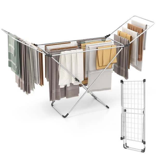 slide 2 of 10, Gymax Folding Clothes Drying Rack w/ Adjustable Wings 20 Drying Rails Silver