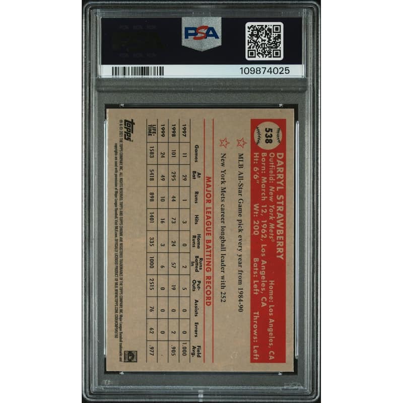 Darryl Strawberry 2021 Topps Chrome Blue Prism Refractor Card #538 Auto PSA 10 - 8' x 11'