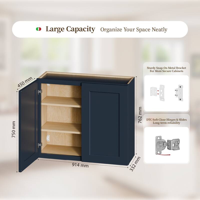 Navy Blue Shaker 36" Solid Wood Wall Cabinet, Soft Close Hinges, Adjustable Shelves, Double Door for Kitchen