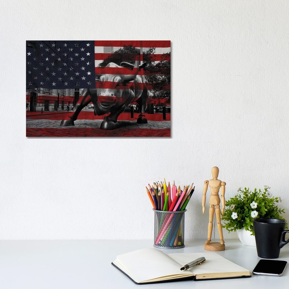 iCanvas "New York - Wall Street Charging Bull, US Flag" by iCanvas Canvas Print