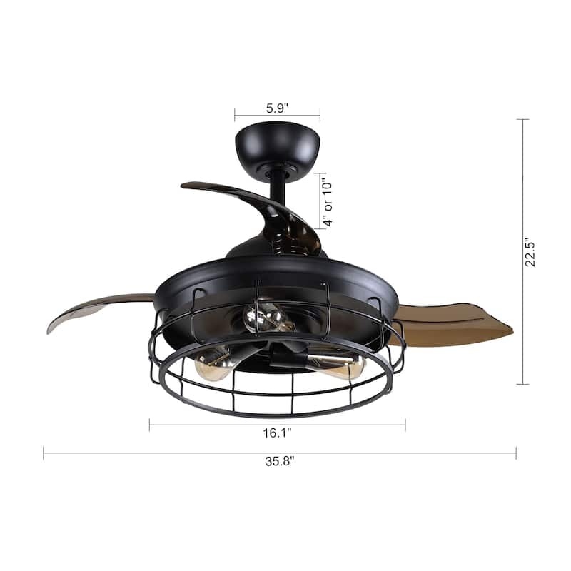 36" Modern Black Retractable Ceiling Fan with Light Kit and Remote - 36 in