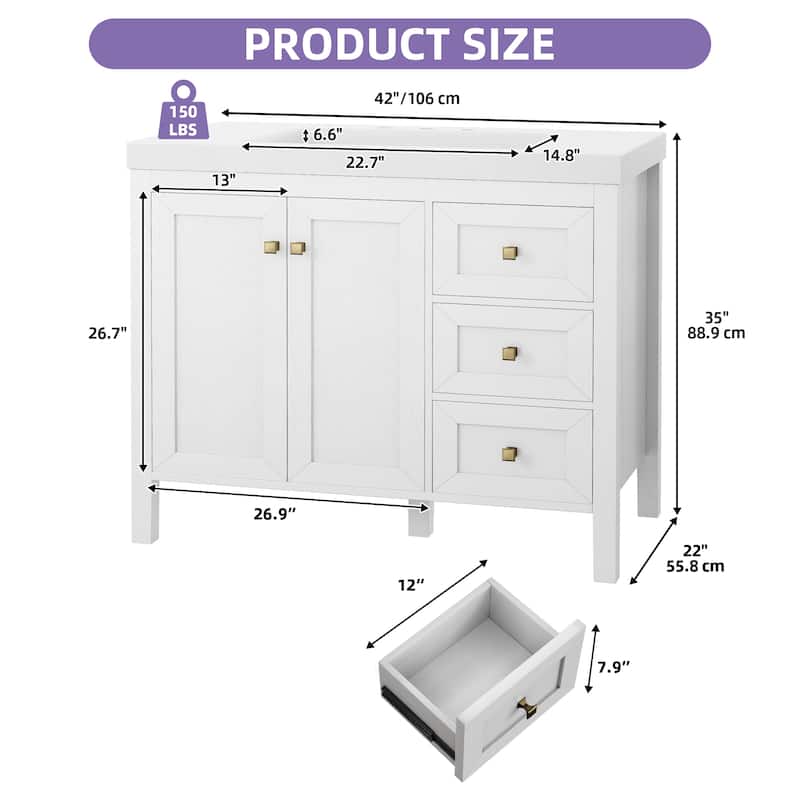 Moasis 36"/42" Bathroom Vanity with Sink Set and 2 Soft-Closing Doors & 3 Drawers - 42 Inch - White