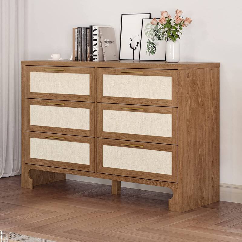 6 Drawers Dresser for Bedroom, Burlap Design Wood Drawer Dresser Chest of Drawers for Closet