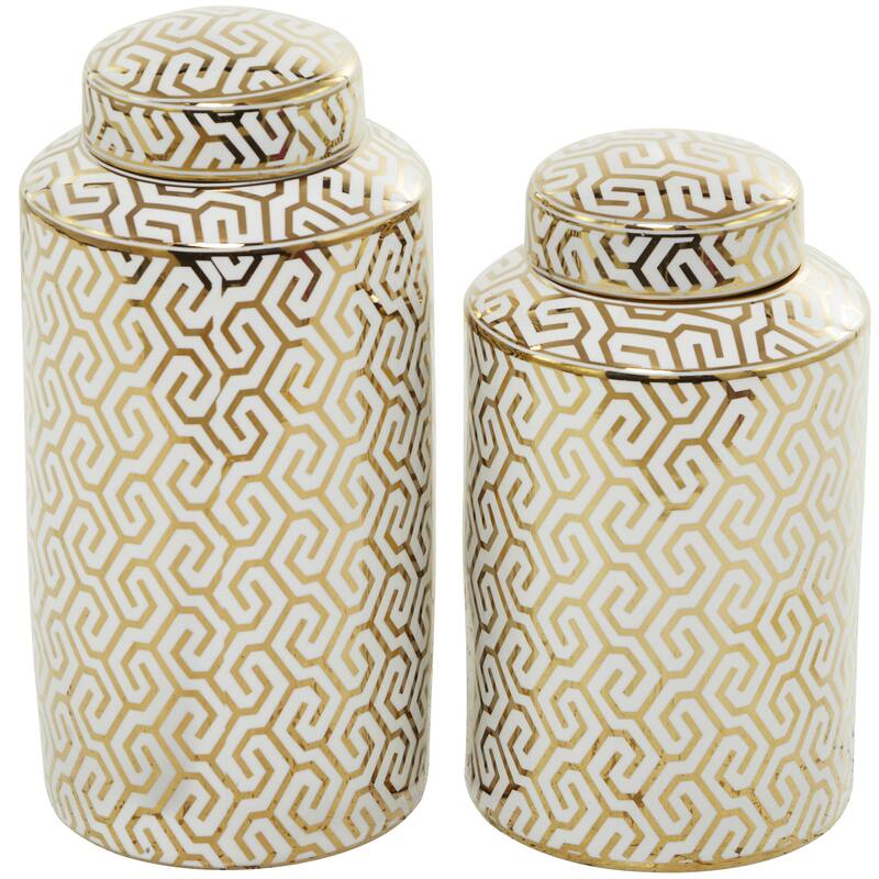 Ceramic Geometric or Floral Living Room Decorative Jars - Set of 2 White, Gold, Silver, Black, Blue - Roche River Decor - Gold - 14", 12"H