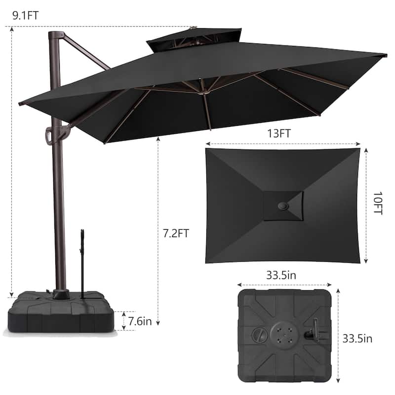 10 x 13 ft Outdoor Aluminum Double Top Patio Offset Cantilever Umbrella with Base