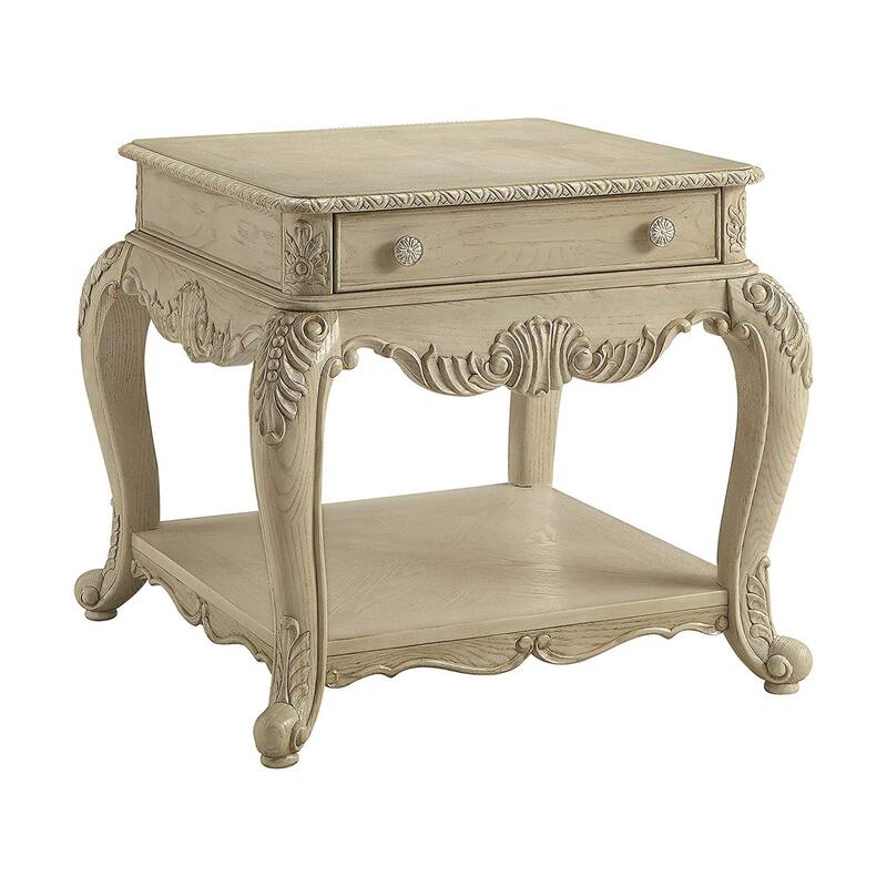 26 in. Ivory Rectangle Wood End Table with Storage Drawer for Convenience