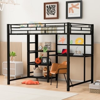 Metal Loft Bed Frame with Desk and Whiteboard, Full Size Loft Bed with 3 Shelves, Ladder and Guardrails for Kids, Teens - Black
