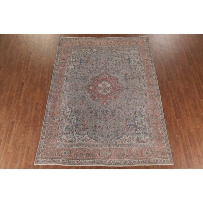 Hand Knotted Oriental 100% Wool Carpet Traditional Floral Greys & Charcoal Tabriz Area Rug - 11' 4'' X 8' 5''