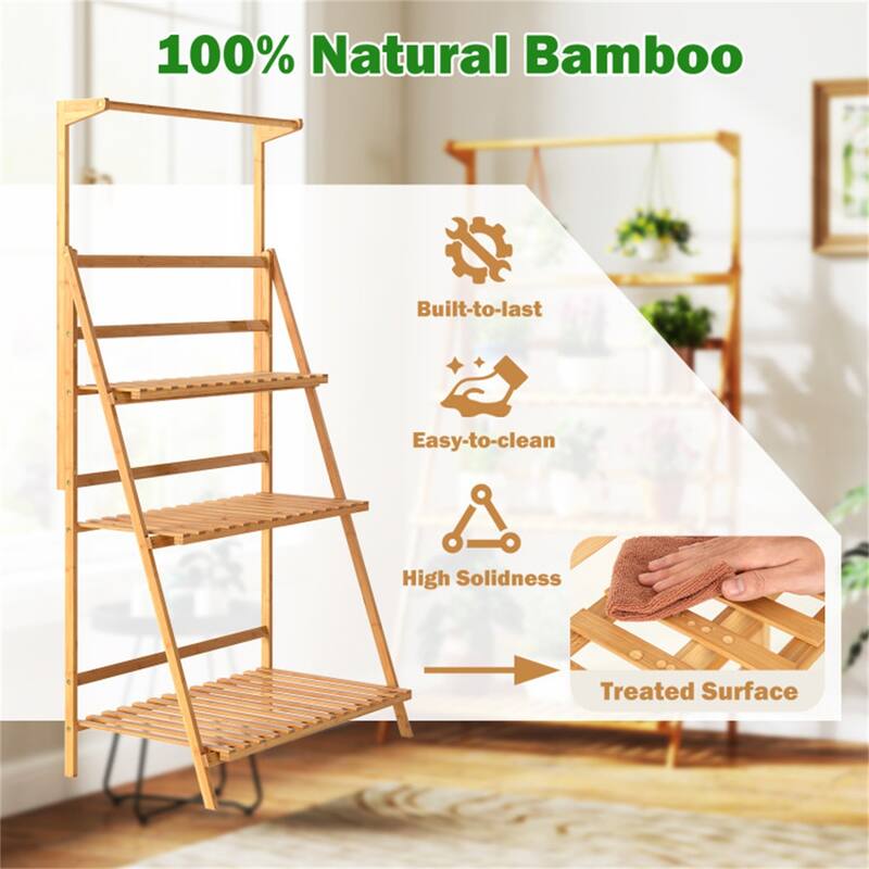 Natural Wicker Plant Stand with 3-Tier Ladder Shelves and Adjustable Hanging Rod for Indoor Plants - 28" x 16" x 47-56"