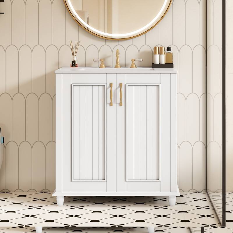 30 Inch Bathroom Vanity with Ceramic Sink, Freestanding Bathroom Vanity Set with Hidden Drawer, Storage Cabinet for Bathroom